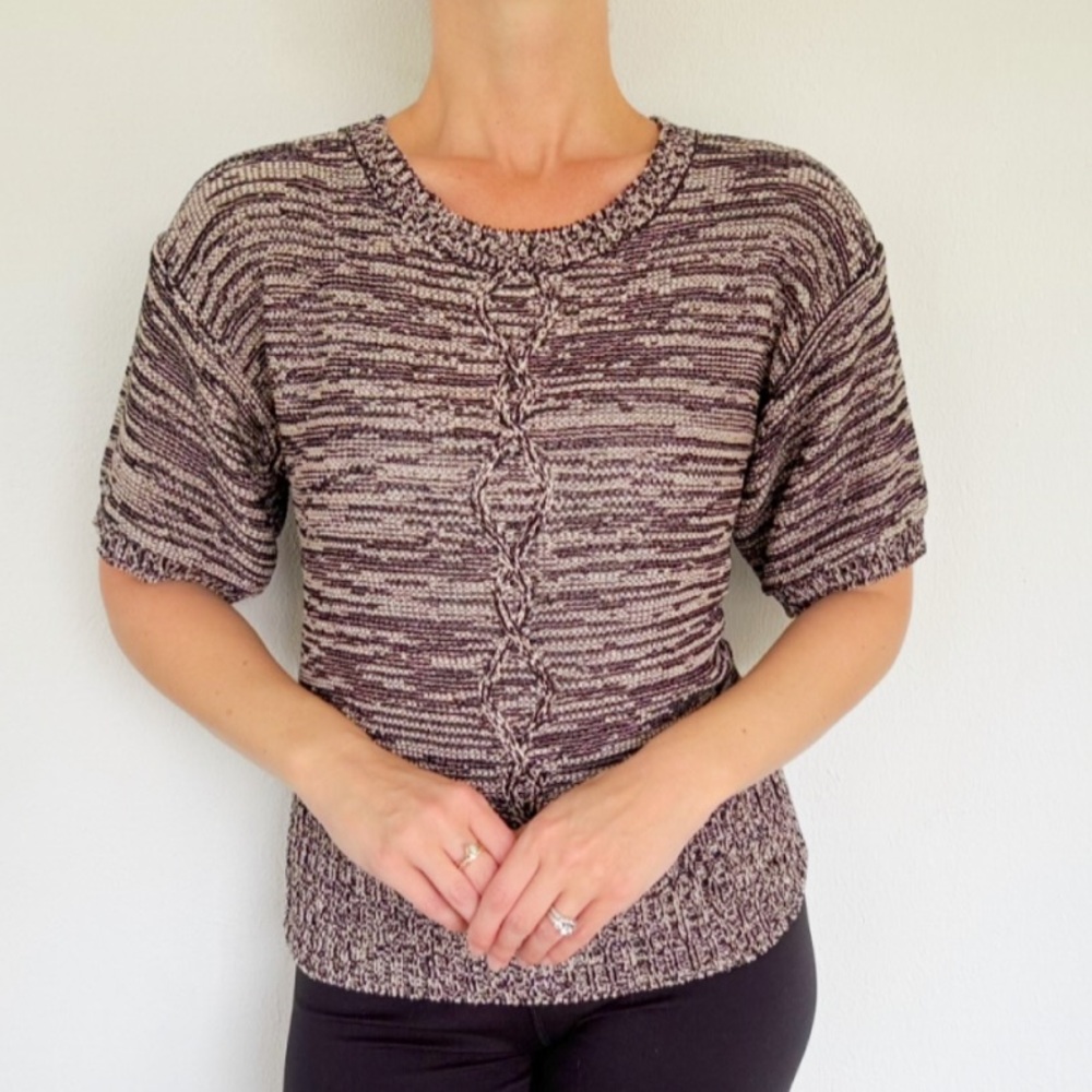 Cable & Gauge Petite black and tan cable knit short sleeve sweater top medium